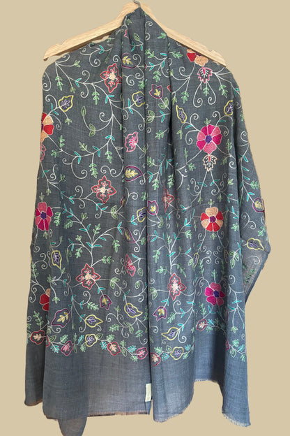 Dark Grey Woollen Stole with Multicoloured Silk Embroidery