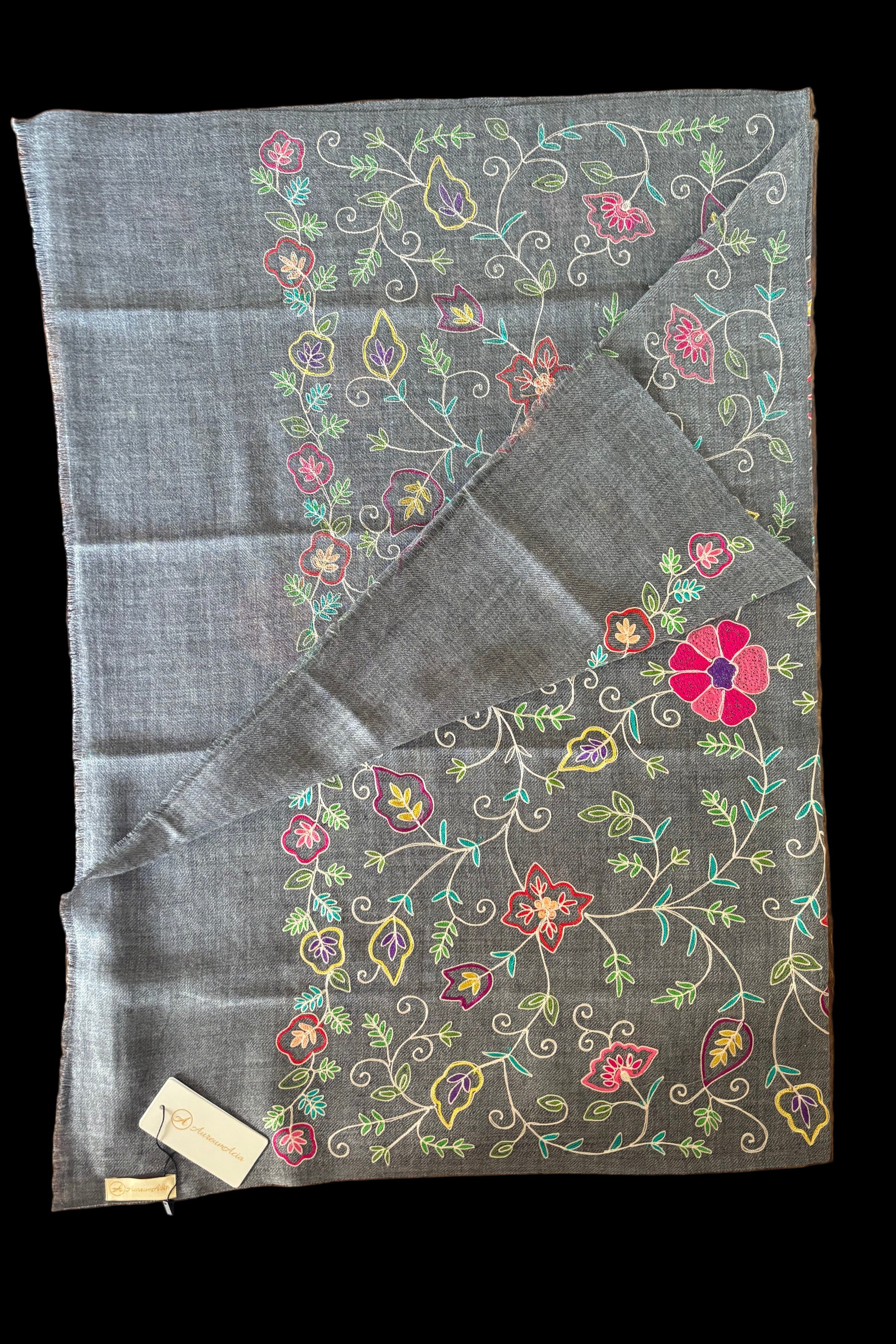 Dark Grey Woollen Stole with Multicoloured Silk Embroidery