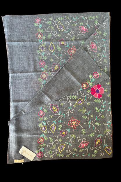 Dark Grey Woollen Stole with Multicoloured Silk Embroidery