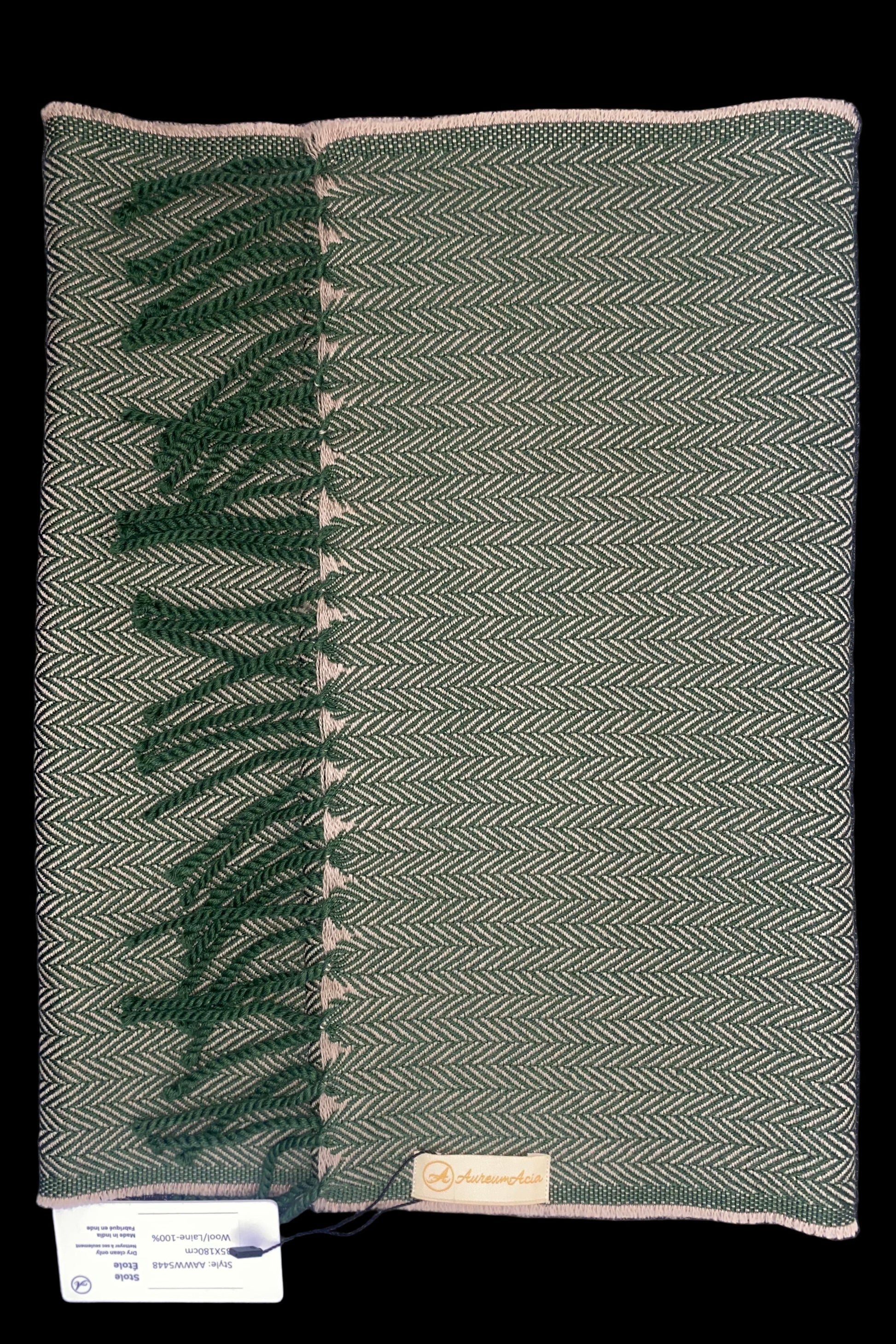 Green and Beige Wool Stole with Fringes