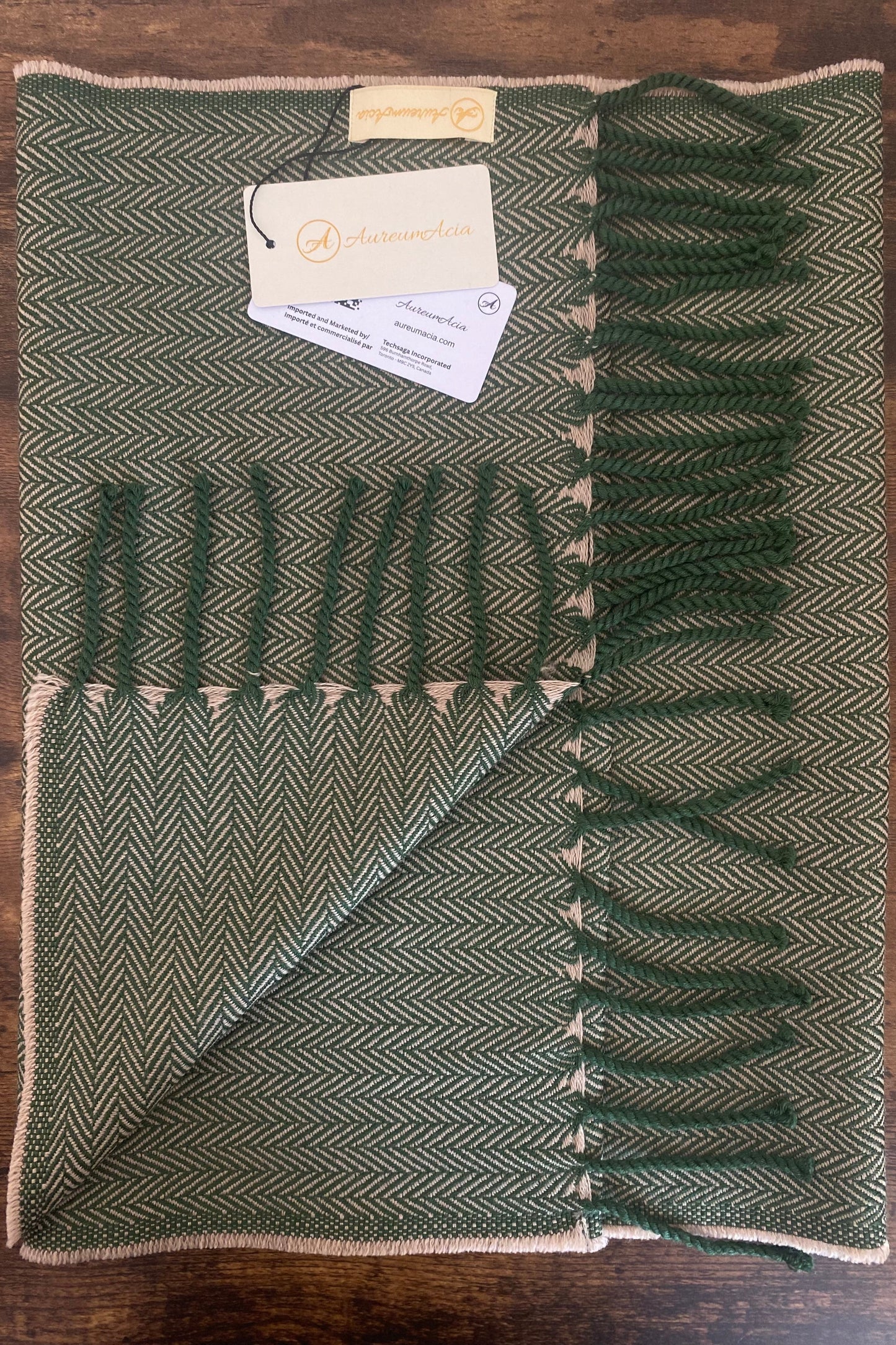 Green and Beige Wool Stole with Fringes