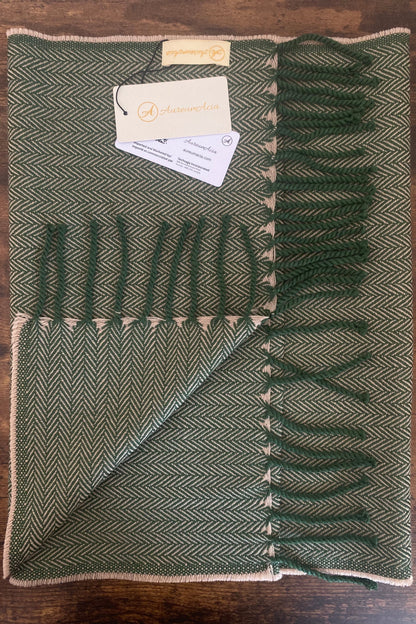 Green and Beige Wool Stole with Fringes