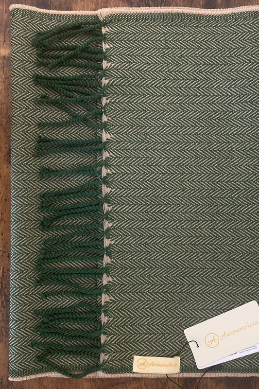 Green and beige woollen stole with fringes