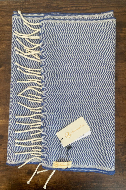 Blue and white herringbone wool stole with fringes on ends