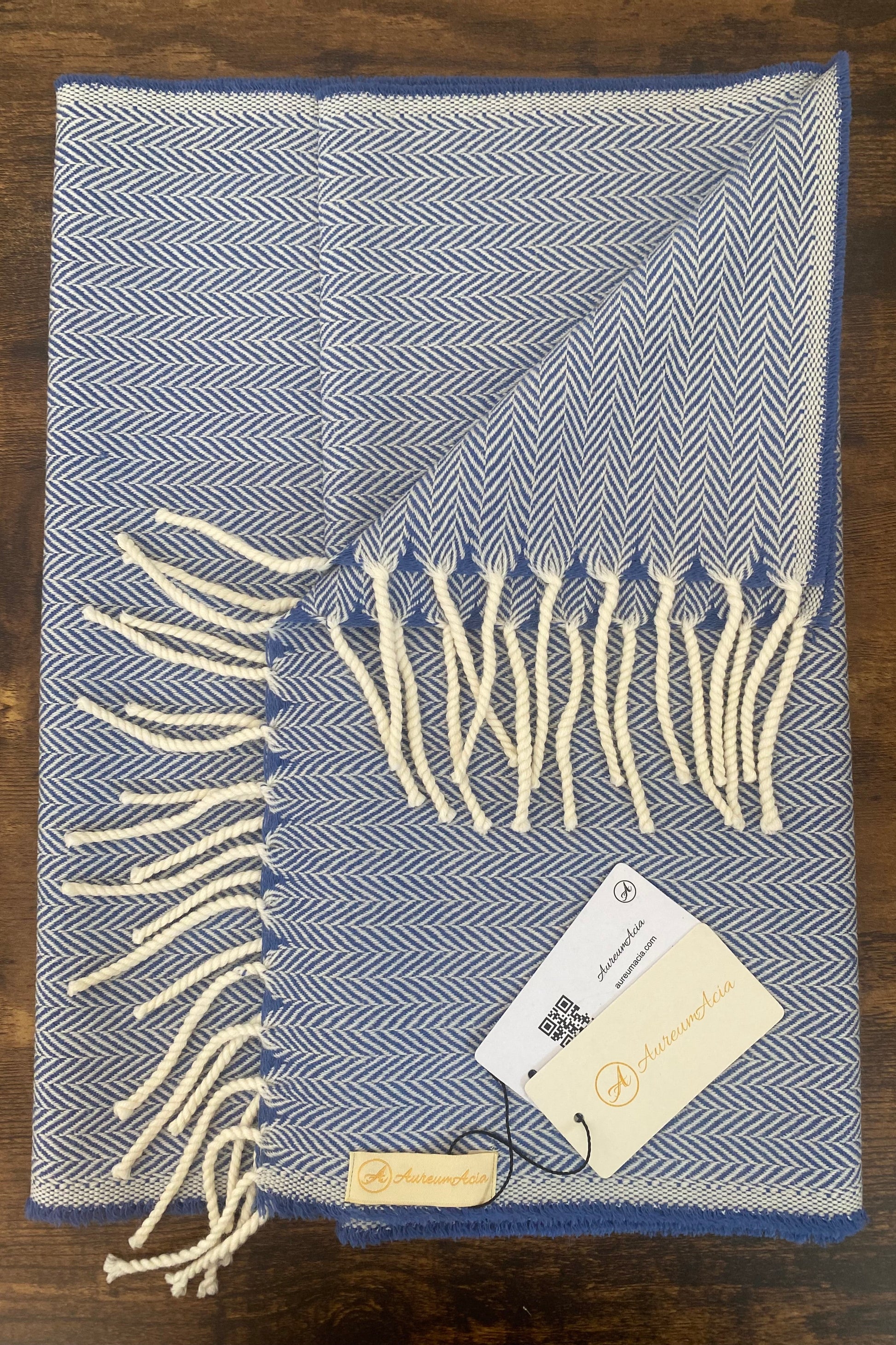 Blue and white herringbone wool stole with fringes on ends
