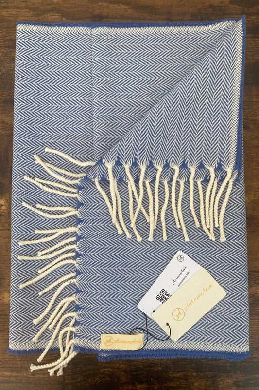 Blue and white herringbone wool stole with fringes on ends