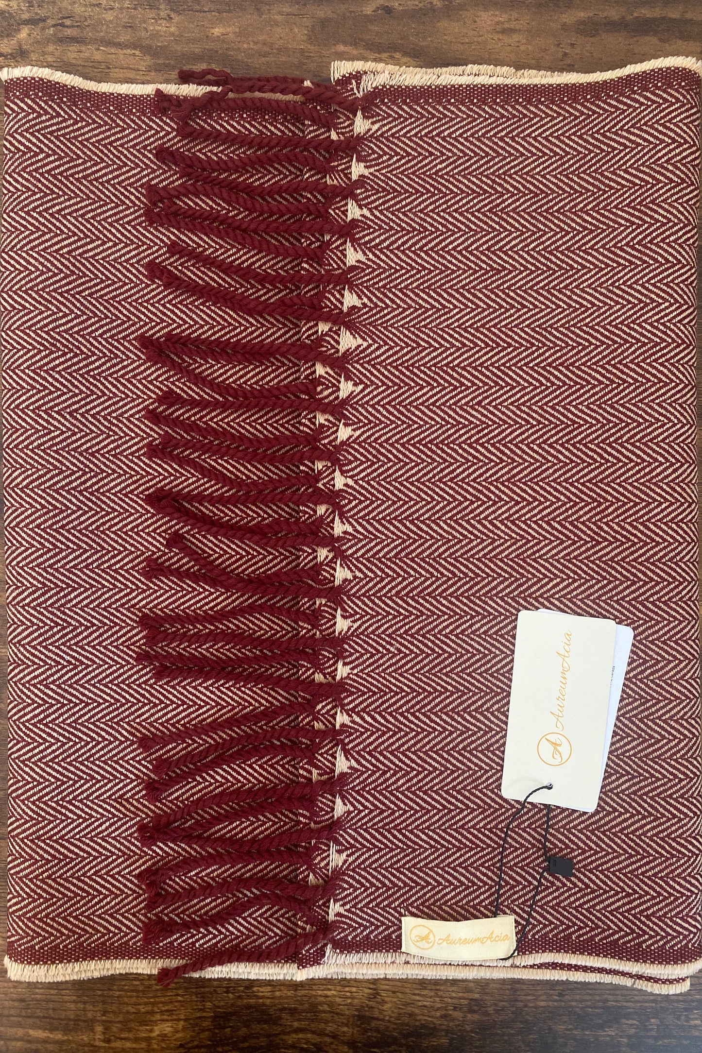 Maroon and beige herringbone wool stole with fringes on ends