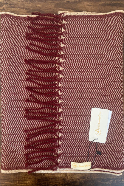 Maroon and beige herringbone wool stole with fringes on ends