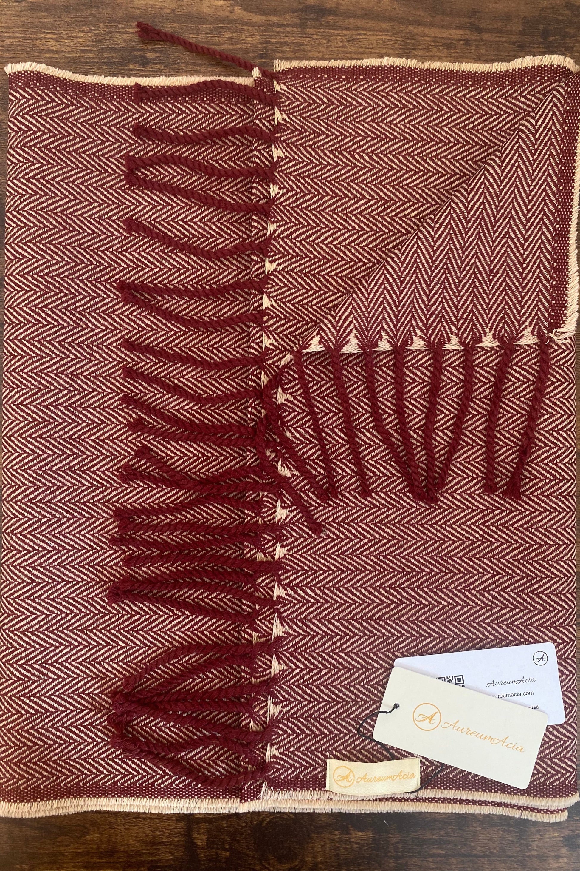 Maroon and beige herringbone wool stole with fringes on ends