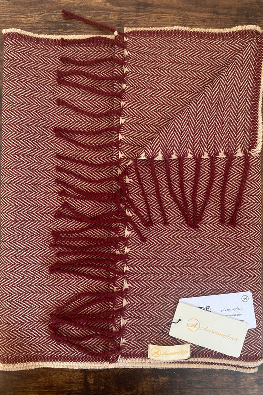 Maroon and beige herringbone wool stole with fringes on ends