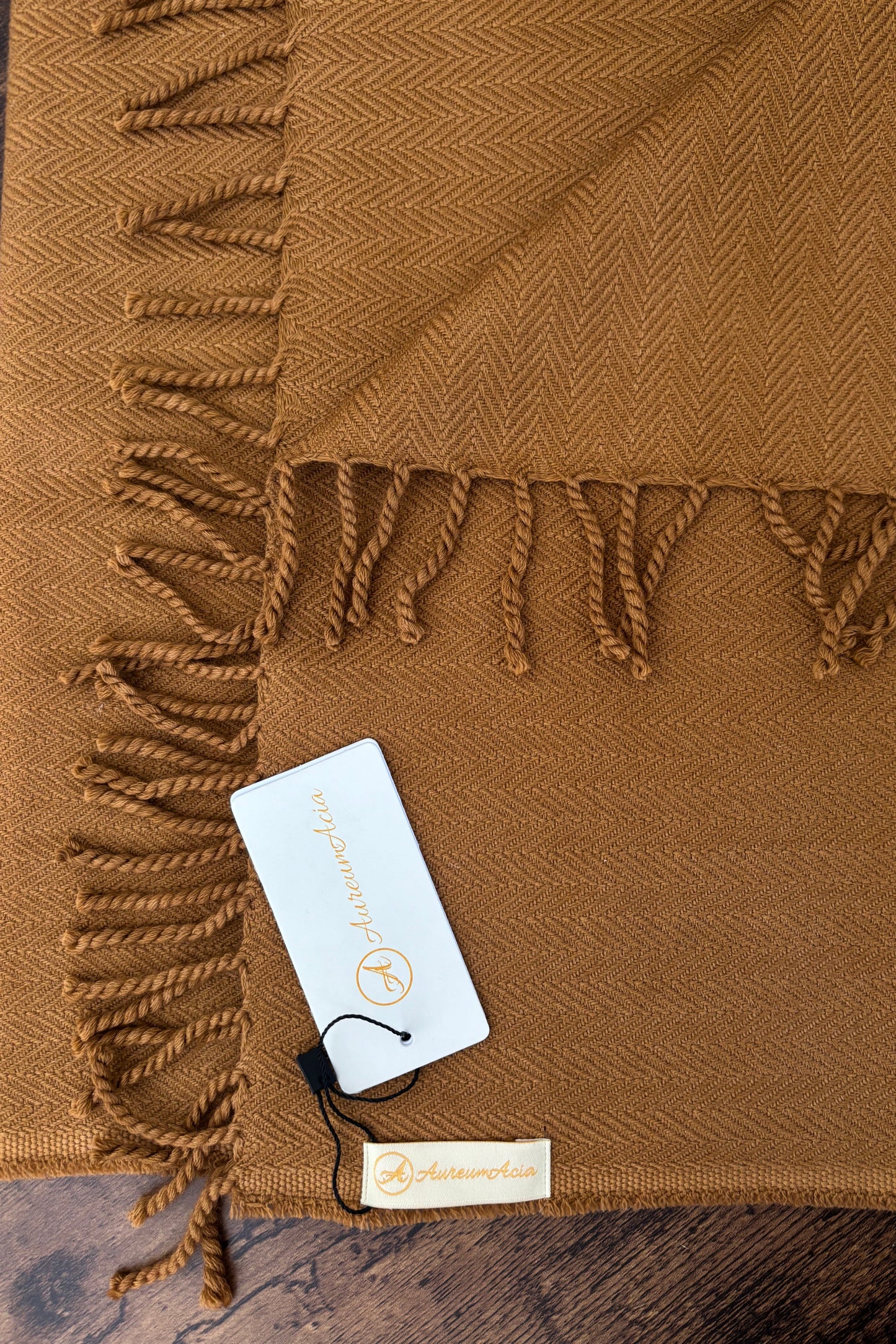 Bronze herringbone wool stole with fringes on ends