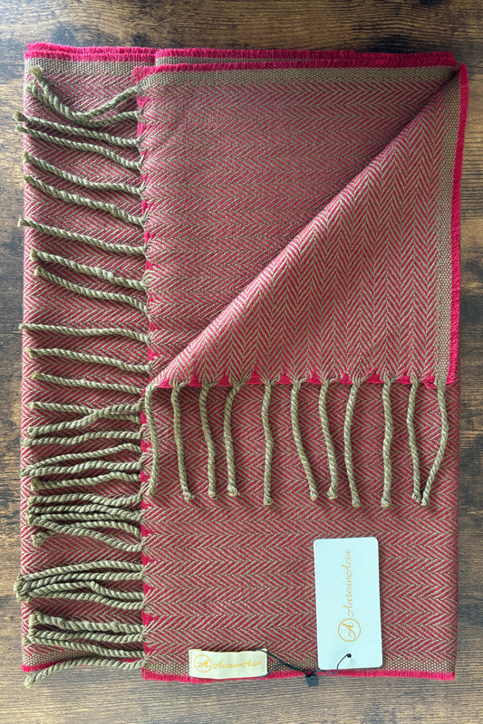 Red and dark olive woollen stole in herringbone pattern with fringes at the end 