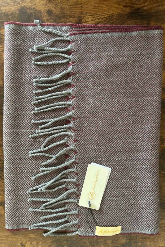 Maroon and grey herringbone woollen stole with fringes on ends