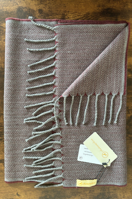 Maroon and grey herringbone woollen stole with fringes on ends