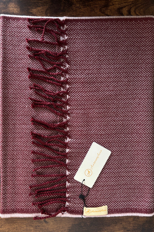 Maroon and light pink Herringbone stole with fringes at ends 