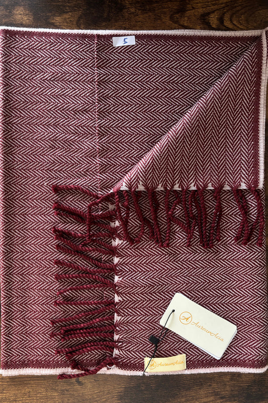 Maroon and White Herringbone Fringed Stole