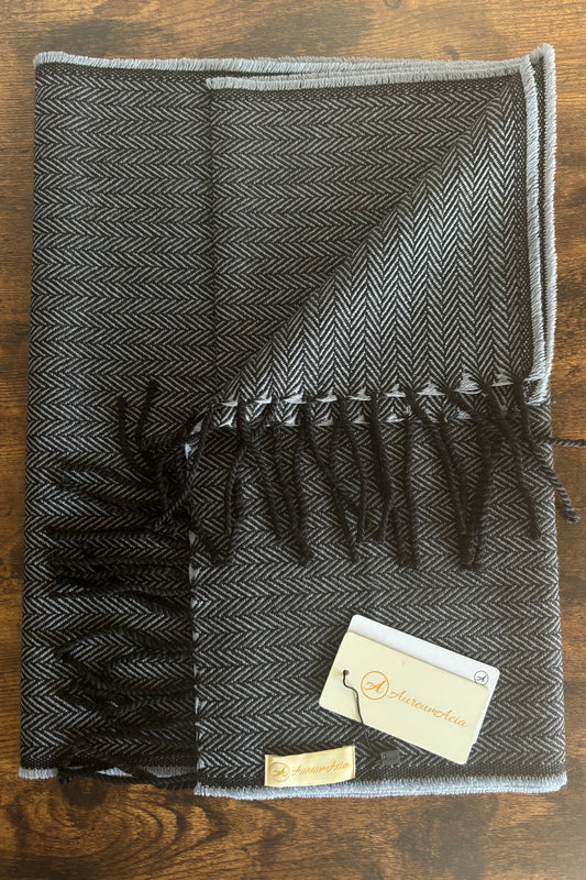 Black and silver grey herringbone woollen stole with fringes on ends