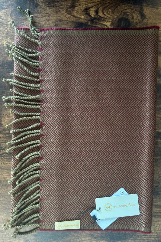 Maroon and olive herringbone woollen stole with fringes on ends