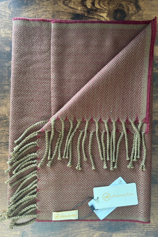 Maroon and olive herringbone woollen stole with fringes on ends