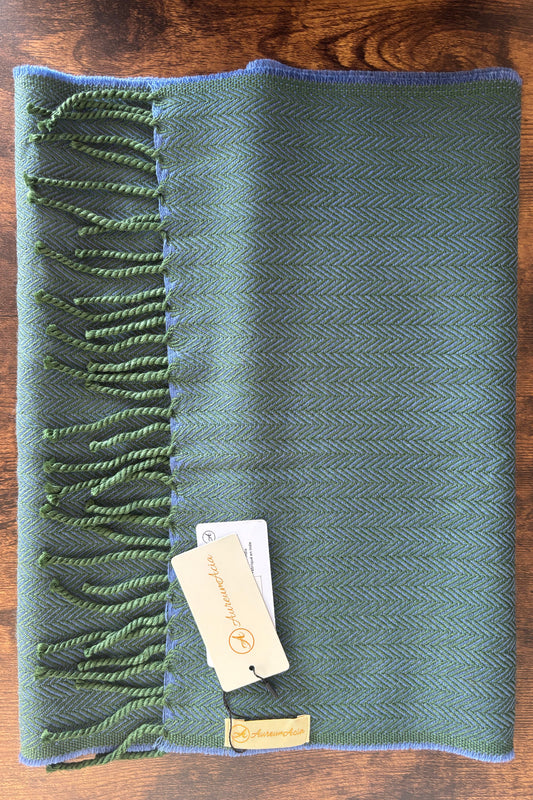 Blue and green herringbone woollen stole with fringes on ends