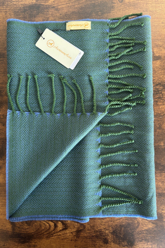 Blue and green herringbone woollen stole with fringes on ends