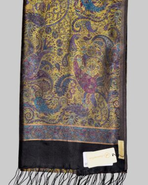Damask Pattern Fringed Silk Scarf with Purple, Henna and Teal Blue on Black silk 