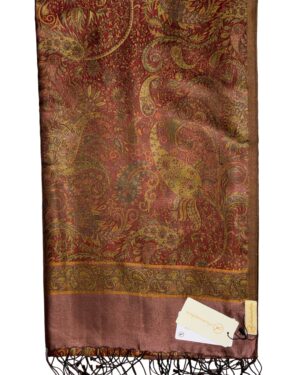 Damask Pattern Fringed Silk Scarf with Maroon, Green, Golden on Copper