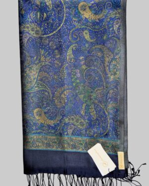 Damask Pattern Fringed Silk Scarf with Royal Blue, Green, Golden on navy blue