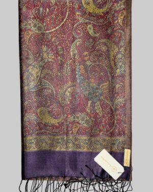 Damask Pattern Fringed Silk Scarf with Maroon, Gold and Teal Blue on Purple