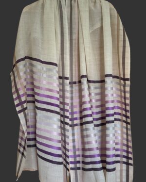 Cream coloured Wool-Silk Scarf with Rainbow Edge