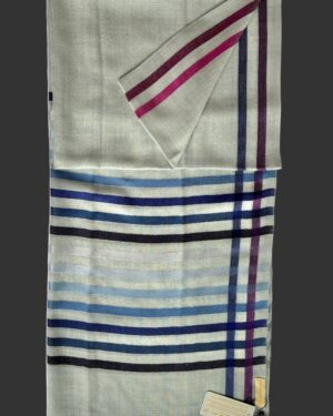 Light Blue coloured Wool-Silk Scarf with Rainbow Edge