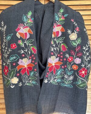 Charcoal Grey Woollen Scarf with Multicolor Silk Embroidery
