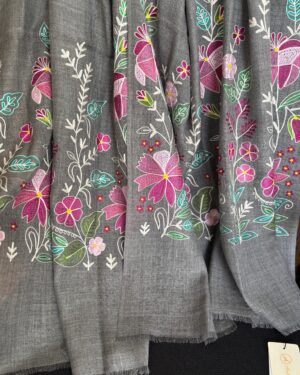 Grey Woollen Scarf with Multicolor Silk Embroidery