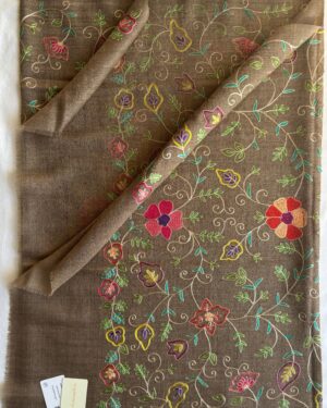Brown Woollen Scarf with Multicoloured Silk Embroidery