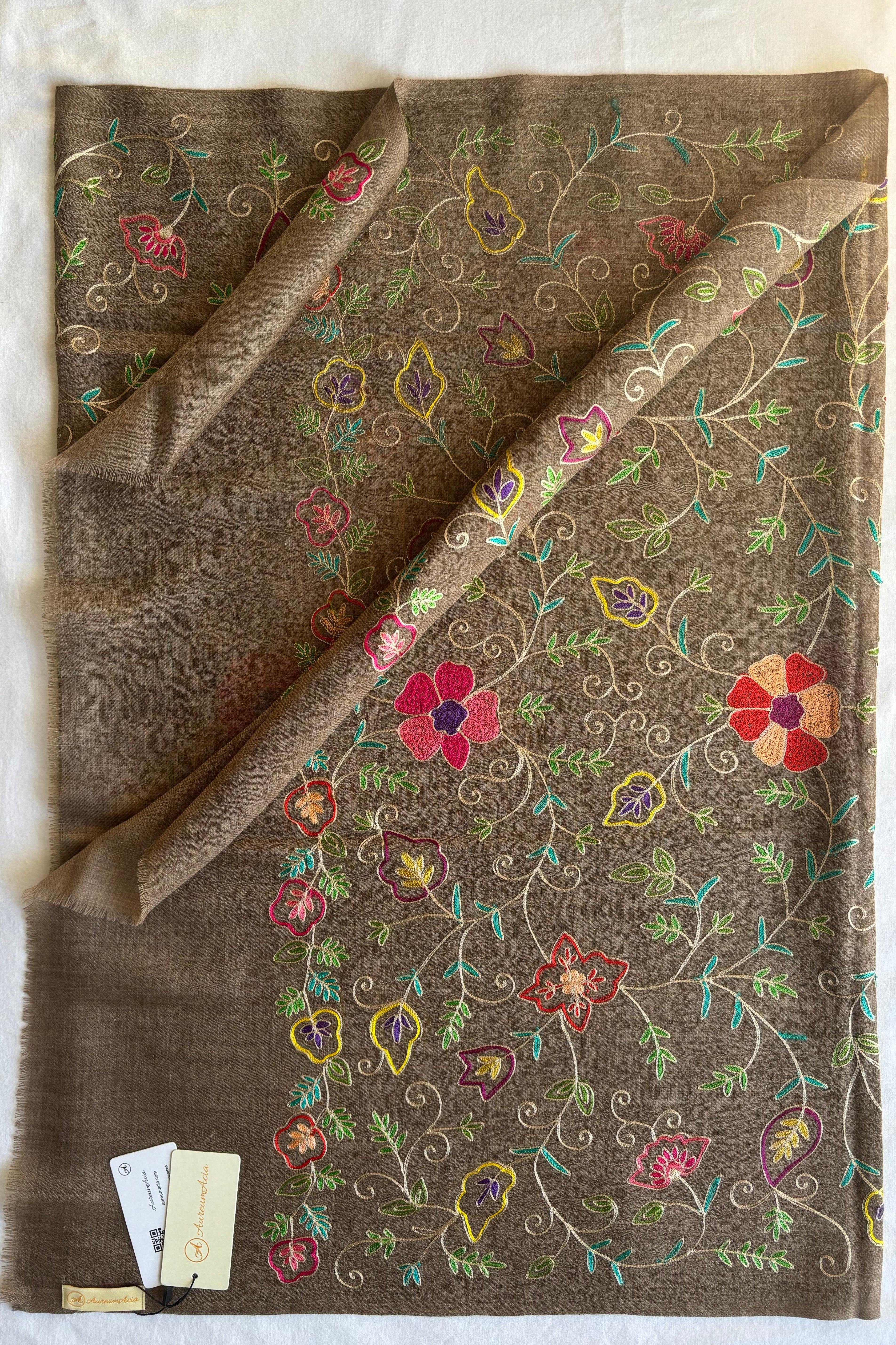 Brown Woollen Scarf with Multicoloured Silk Embroidery