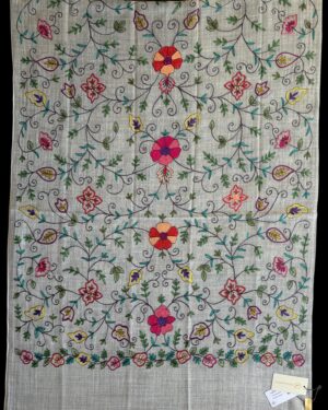 Light Grey Woollen Scarf with Multicoloured Silk Embroidery