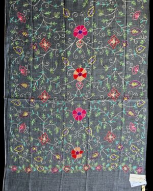 Dark Grey Woollen Scarf with Multicoloured Silk Embroidery