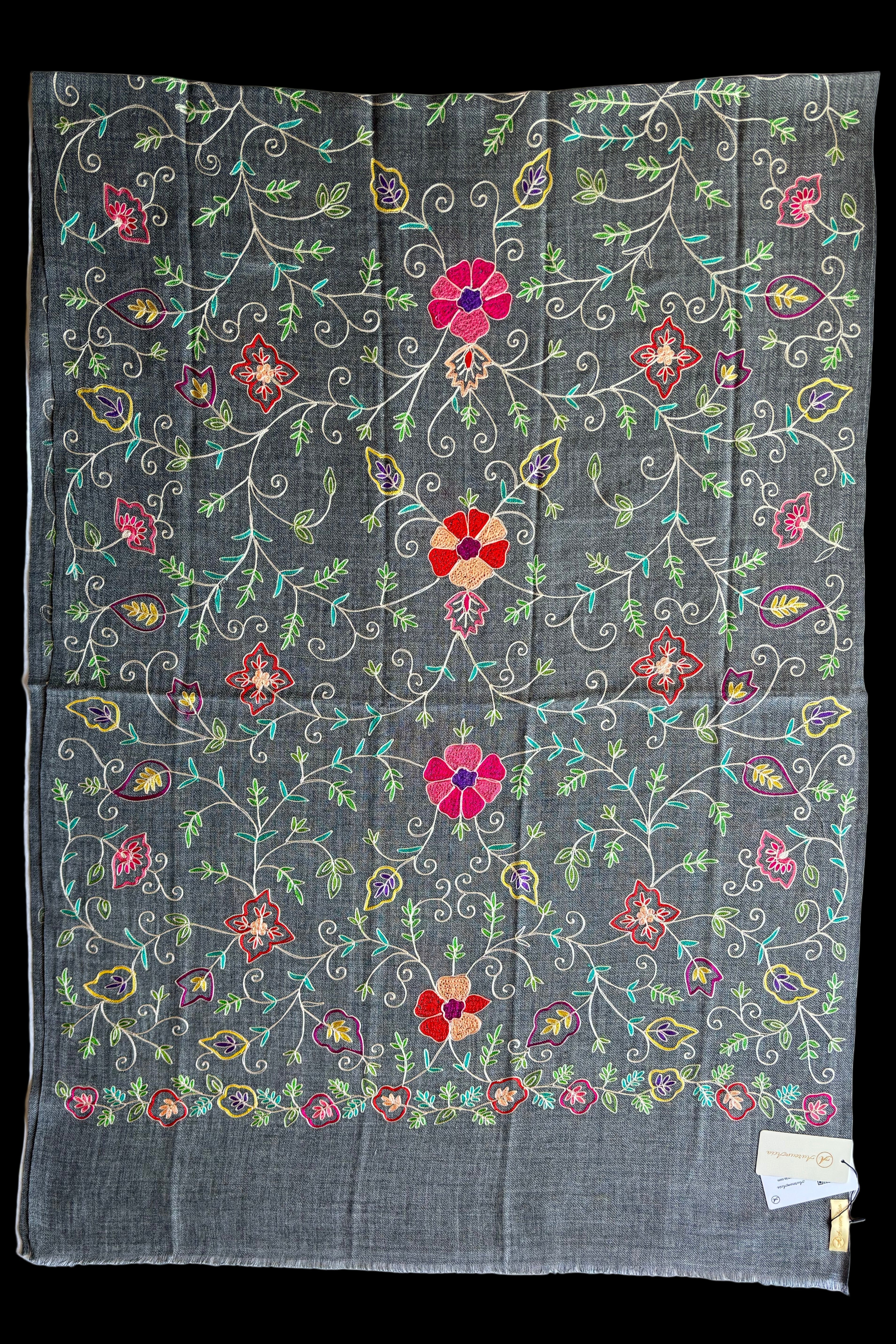 Dark Grey Woollen Scarf with Multicoloured Silk Embroidery