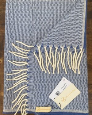 Blue and white herringbone wool scarf with fringes on ends