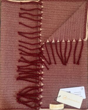Maroon and beige herringbone wool scarf with fringes on ends
