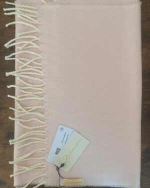 Pink and ivory woollen scarf in herringbone pattern with fringes at the end 
