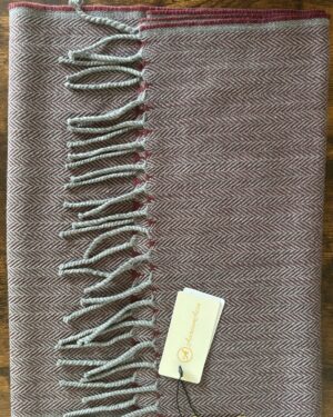 Maroon and grey herringbone woollen scarf with fringes on ends