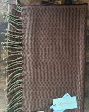 Maroon and olive herringbone woollen scarf with fringes on ends