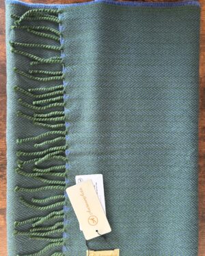 Blue and green herringbone woollen scarf with fringes on ends